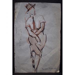 Marius Chambon Drawing Sketch Watercolor Woman Sitting In Hat XX Rt447