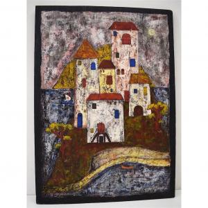 Art Brut Enamelled Slate Village Painting Around 1950 1960 Tile Signed Jasson Ref276