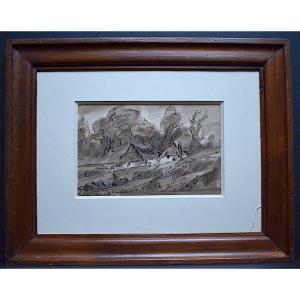 Lavis Watercolor Drawing Landscape Thatched Cottages Unsigned XX Rt452