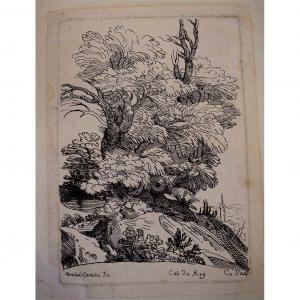 Tree And Village Woodcut XVII Signed Annibal Carache Cabinet Du Roy Cx Sculpteur Ref302