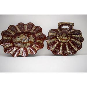 Bread Basket Crumb Crumb Paper Mache Boiled Cardboard Mother Of Pearl Chinese Decor XIX Ref304