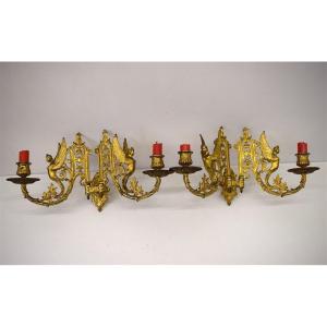 Pair Wall Sconces Caryatid Candlesticks Gilt Bronze Angels XIX Ref514