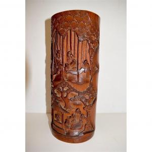 Bitong Chinese Carved Bamboo Brush Pot Signed Wood Carver China XIX Ref312