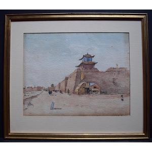 Watercolor China Tower Of Tientsin Castle Or Tianjin 天津 Signed To Identify XX Rt 497