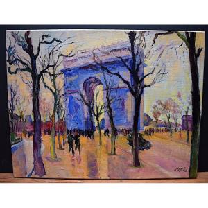 Jules Couez Paris Animated Street Scene Arc De Tromphe Place De l'Étoile Fauve XX Rt501