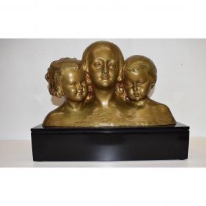 * The Art Deco Bronze Family Group Three Busts Circa 1925 Signed R René Ref332