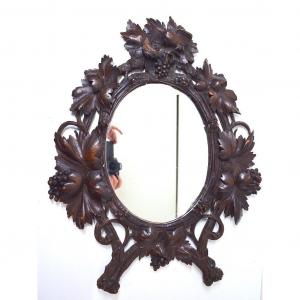 Oval Mirror Carved Wood Black Forest Decor Vine Leaves Grapes Bird XIX XX Ref338