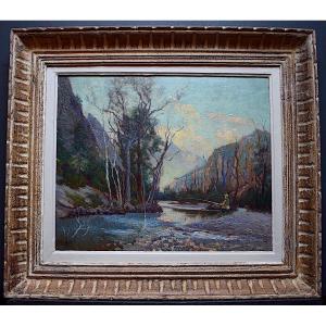 Landscape River Angler Mountain Post Impressionist Signed To Identify XX Rt511