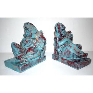 * Pair Of Bookends Women Orientalist Musician Glazed Earth XXth Art Deco Ref349