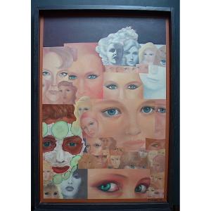 Doumergue Signed 80s Trompe l'Oeil Composition Face Portraits Of Women XX Rt542 *