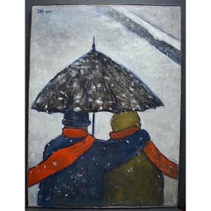 Couple Under Umbrella Snow Landscape Signed Tan 1978 XX Rt544