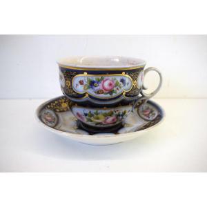 * XIXth Porcelain Chocolate Cup And Saucer Monogram L F To Identify Ref368