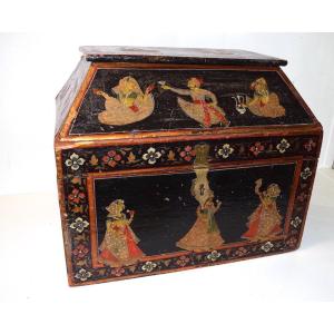 Imposing Polychrome Painted Wooden Box India Indian XIX Ref401
