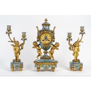 Cloisonné Enamel three-piece Clock Set, Circa 1860