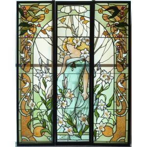 Art Nouveau Stained Glass Triptych, Woman With Lilies