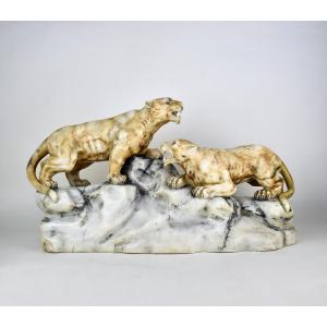 Alabaster Sculpture, Two Lionesses, Circa 1920