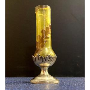 Gallé Ou Daum - Soliflore Vase Cleared With Acid With Oak Leaf Decoration On A Silver Foot