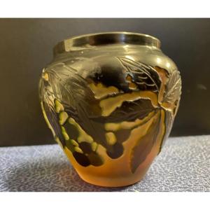 Galle- Vase In Glass Paste Cleared With Acid Decorated With Rose Hips- XX Ith