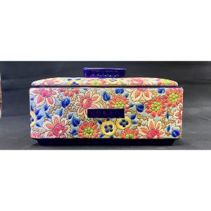 Longwy - Biscuit Box In Enamels With Floral Decor - XXth Century