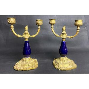 Pair Of Candelabras In Gilt Bronze And Sèvres Blue XIX