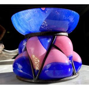Delatte Nancy - Blown Glass Vase In Its Ironwork, Signed