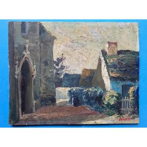 Sortie d'Eglise Bretonne Huile Sur Panneau