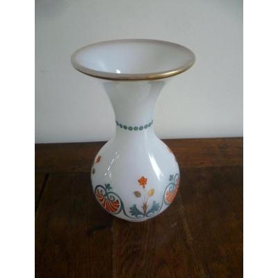 White Opaline Vase Decorated With Flowers