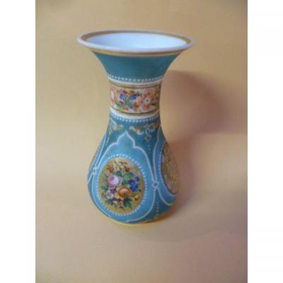 Opaline Vase Decorated With Flowers On Blue Background