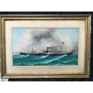 Steam Ship Ss Clematis Transatlantic Steamer Gouache 