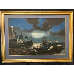 Marine Landing In The Moonlight Gouache 19th Century