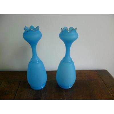 Pair Of Vases Opaline Blue Tulip Shaped