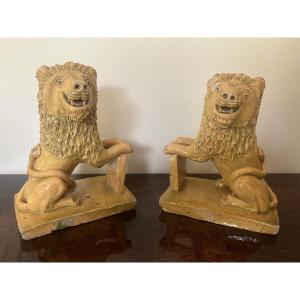 Pair Of Glazed Earthenware Lions