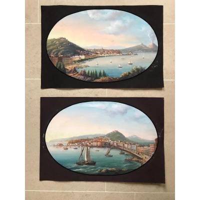 View Of Naples. Pair Of Neapolitan Gouaches