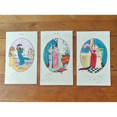 3 Fashion Watercolors 1925 Signed Molino