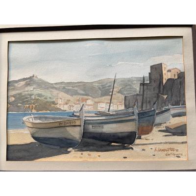 Boats At Collioure - Signed Watercolor