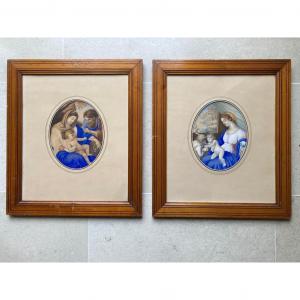 Paire De Dessins Aquarellés Vierge Enfant Jésus