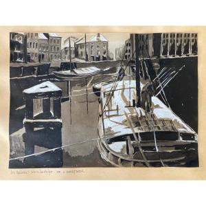 Albert Baertsoen Barges Under The Snow Watercolor Gouache