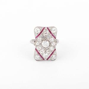 Rectangular Platinum, Diamond And Ruby Ring