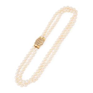 Double Akoya Cultured Pearl Necklace With Gold And Diamond Clasp