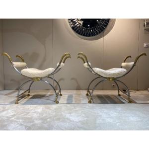 Pair Of Curules In Silver Iron And Bronze