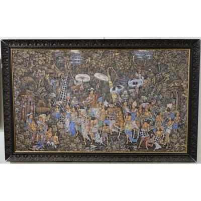 Indenosian Painting. Animated Scene In Bali Signed Wayan Urip