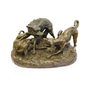 Wolf Defending Against Two Dogs