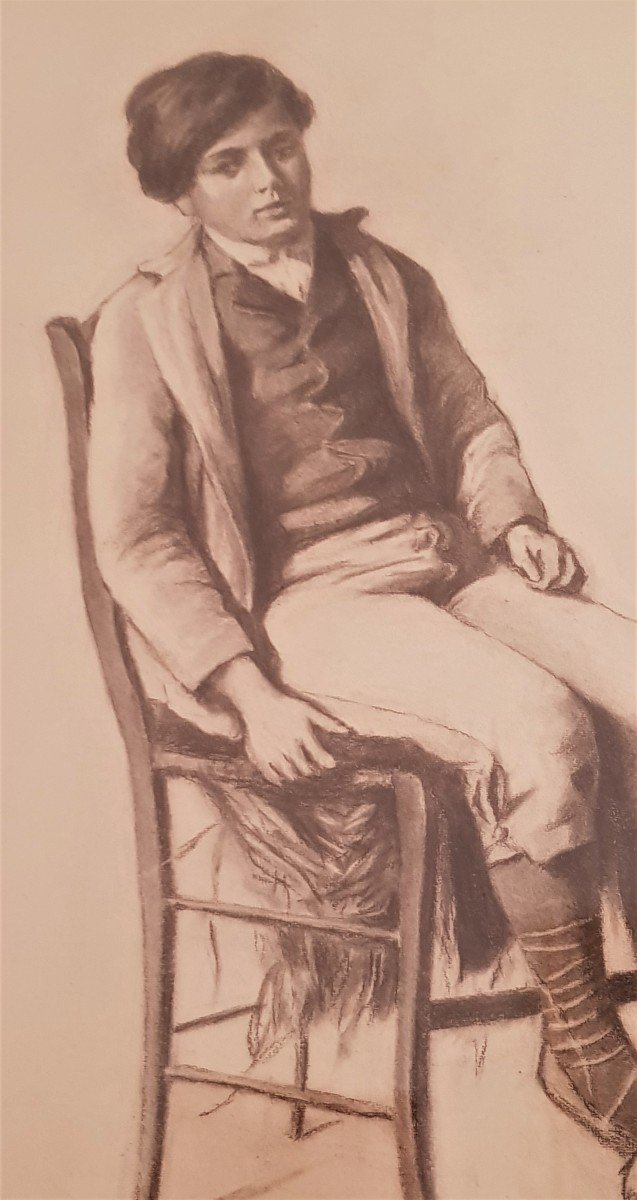 disegno su carta datato 1910 ritratto di bambino seduto cm 67x85-photo-2