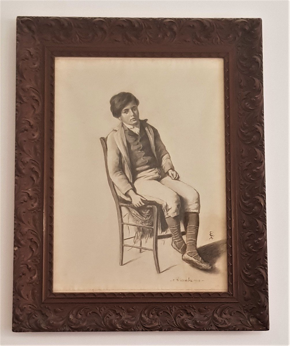 disegno su carta datato 1910 ritratto di bambino seduto cm 67x85