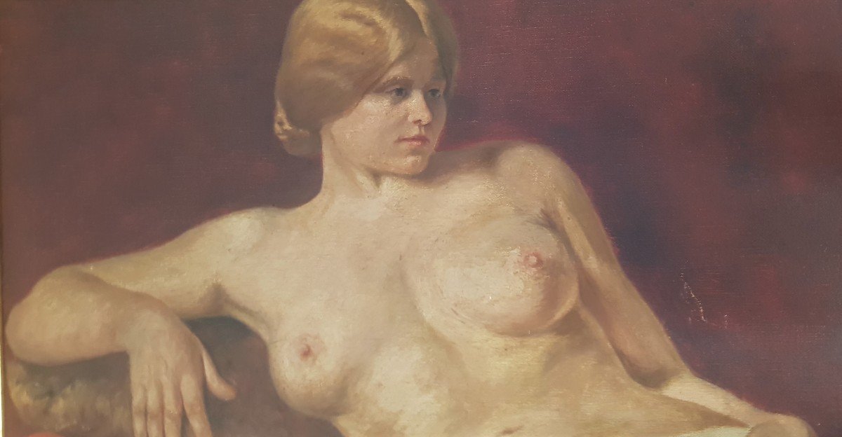 Ritratto di giovane donna dal seno nudo, olio su tela inizio XX s-photo-2