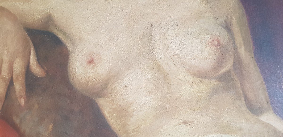 Ritratto di giovane donna dal seno nudo, olio su tela inizio XX s-photo-3