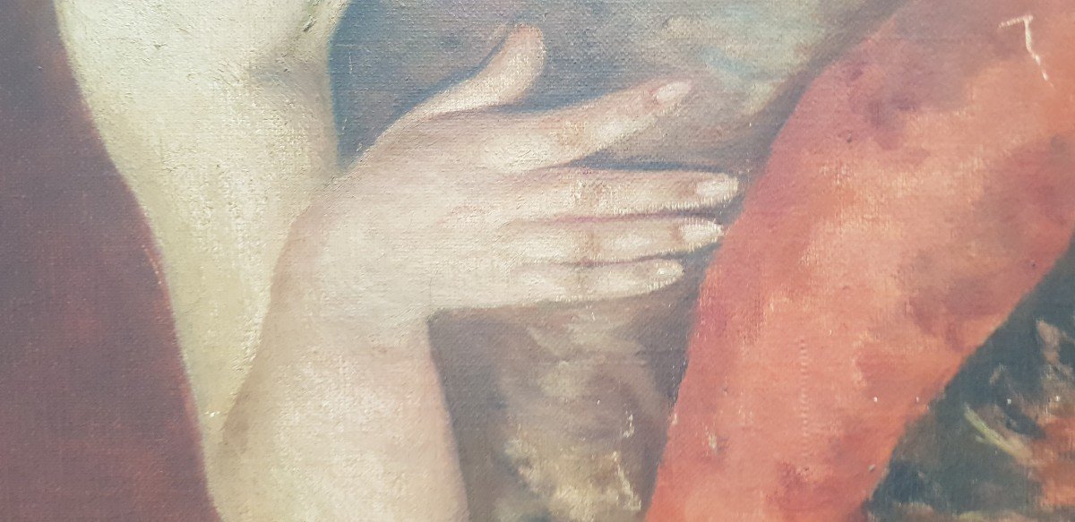 Ritratto di giovane donna dal seno nudo, olio su tela inizio XX s-photo-1
