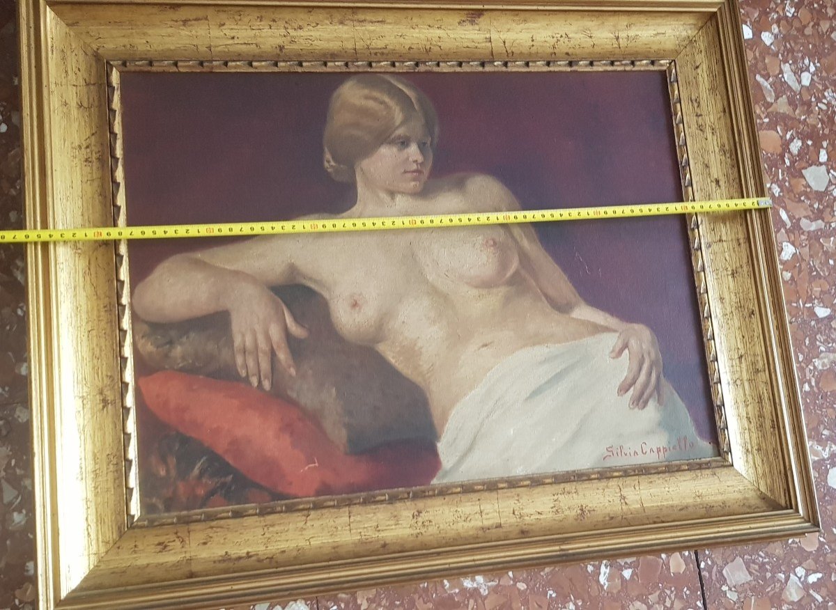 Ritratto di giovane donna dal seno nudo, olio su tela inizio XX s-photo-3