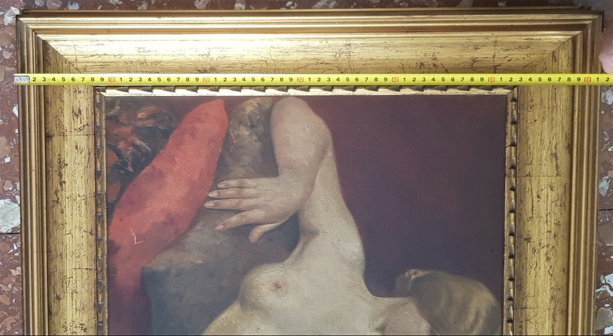 Ritratto di giovane donna dal seno nudo, olio su tela inizio XX s-photo-5