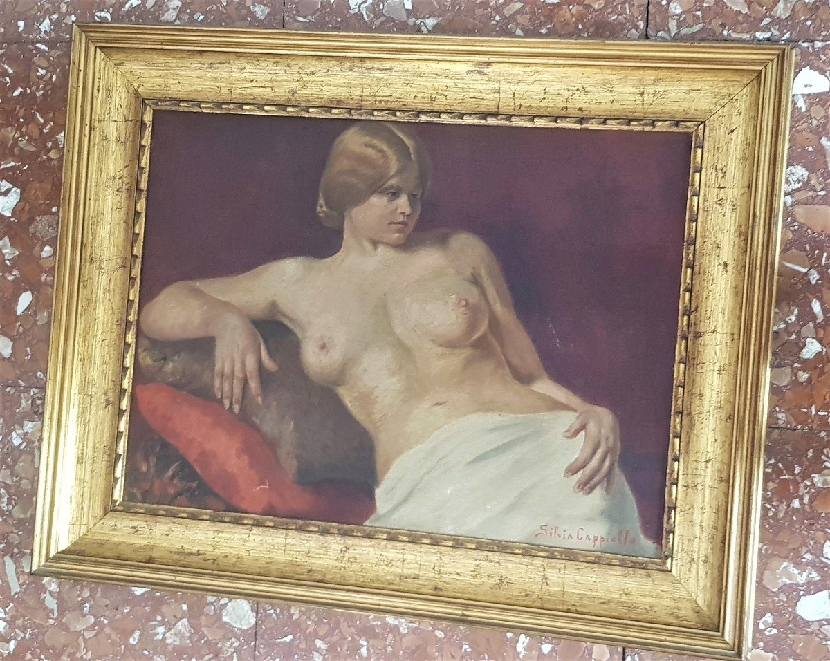 Ritratto di giovane donna dal seno nudo, olio su tela inizio XX s